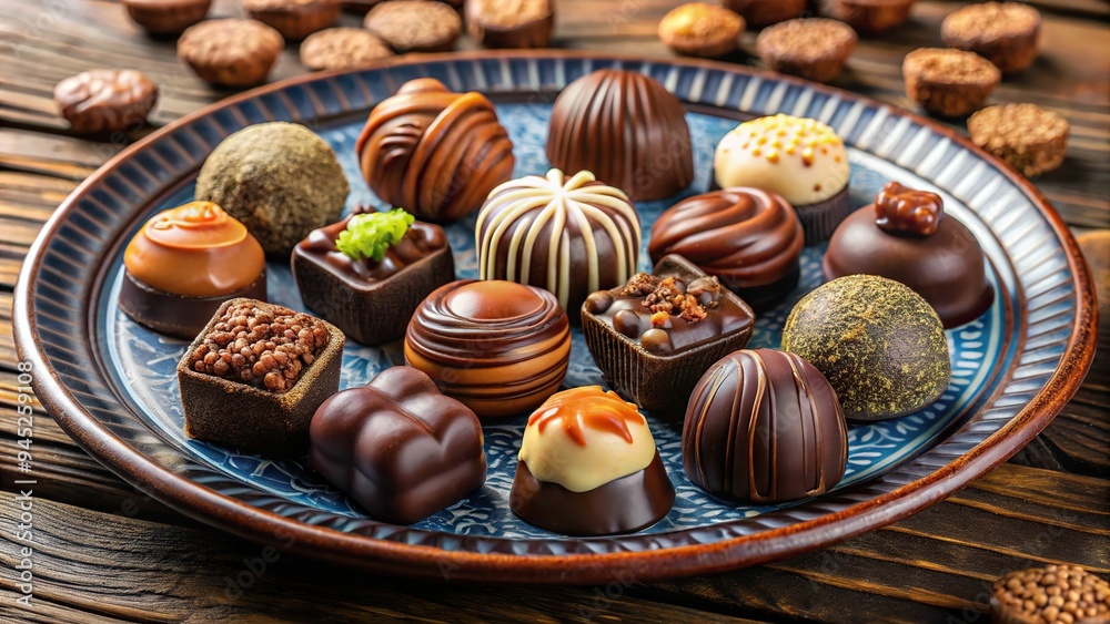 7. Artfully arranged, bite-sized chocolate morsels in various shapes and flavors, on a decorative ceramic plate, a realistic photo image. 7. Artfully arranged, bite-sized chocolate morsels in various shapes and flavors, on a decorative ceramic plate, a realistic photo image.