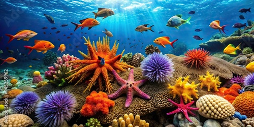 10. A vibrant light coral outcropping, teeming with brittle stars, sea urchins, and colorful fish, on a sunny ocean day, a realistic photo image. photo