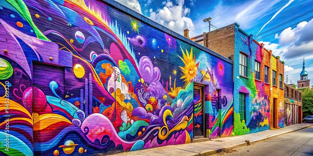 5. A vibrant, purple-painted street art mural on a city wall, with splashes of bright colors and abstract shapes, a realistic photo image. 5. A vibrant, purple-painted street art mural on a city wall, with splashes of bright colors and abstract shapes, a realistic photo image.