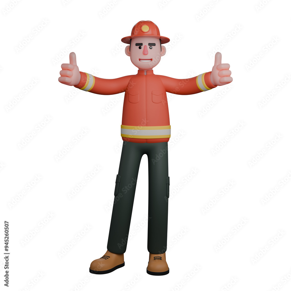 Cartoon Male Firefighter. A firefighter stands with both thumbs up, displaying a positive and optimistic attitude 3D Fire Brigade Cartoon Male Firefighter. A firefighter stands with both thumbs up, displaying a positive and optimistic attitude 3D Fire Brigade