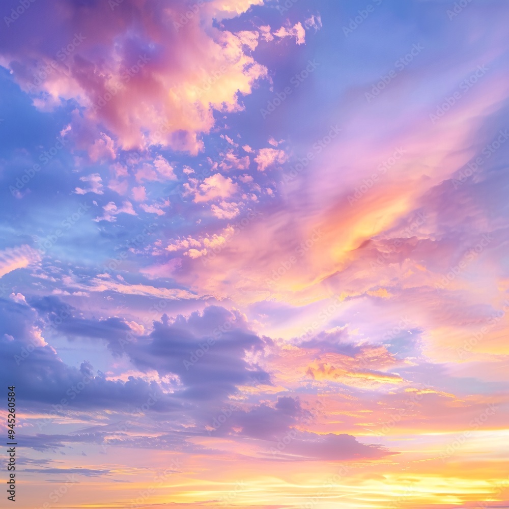 07231101 28. Radiant sunset sky, vibrant clouds, pastel tones, gradient of orange and pink, shift from blue to purple, light wispy clouds, tranquil ambiance, celestial skyscape, golden hour glow,