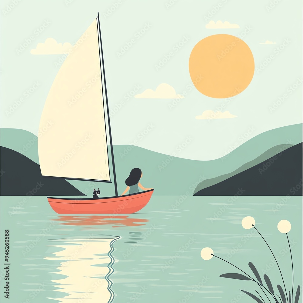 Naklejka premium Serene sailing scene featuring a colorful boat, gentle waters, and a warm sun with mountains in the background.