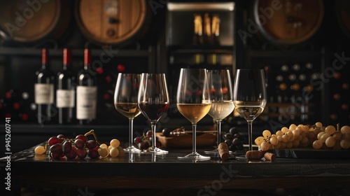 Wine Tasting Red White and Rose Wine Glasses with Grapes and Wine Bottles in a Cellar