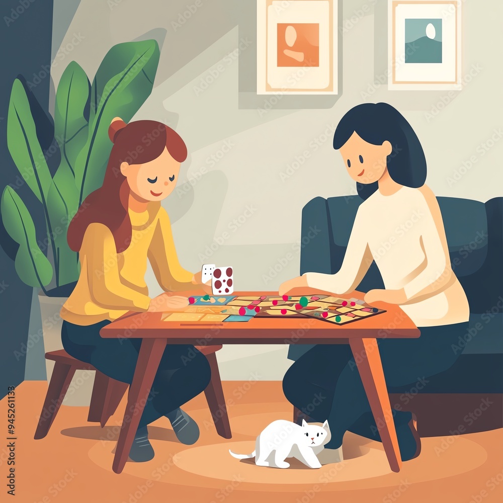 Two friends playing a board game together at home, enjoying a cozy indoor atmosphere with a playful cat nearby.