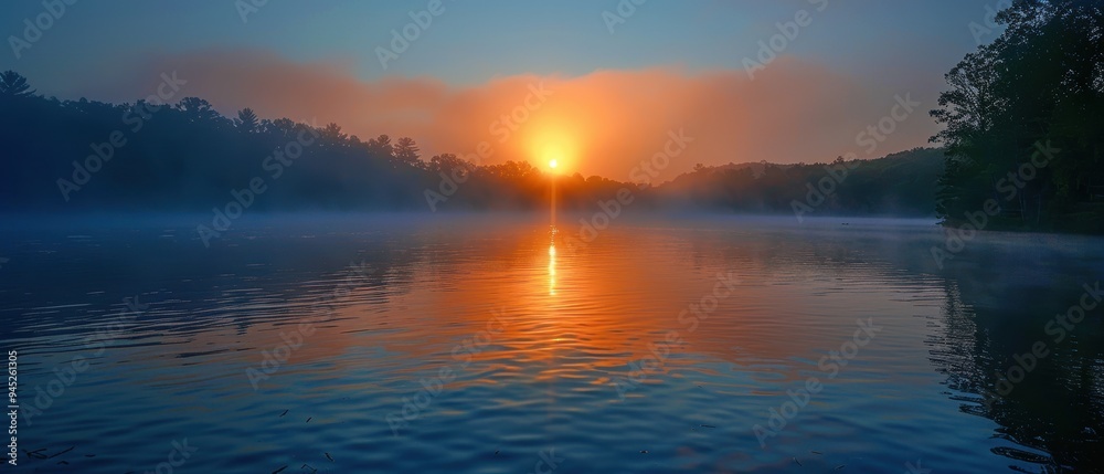 Serene Sunrise: Golden Sun emerging over Misty Lake Serene Sunrise: Golden Sun emerging over Misty Lake