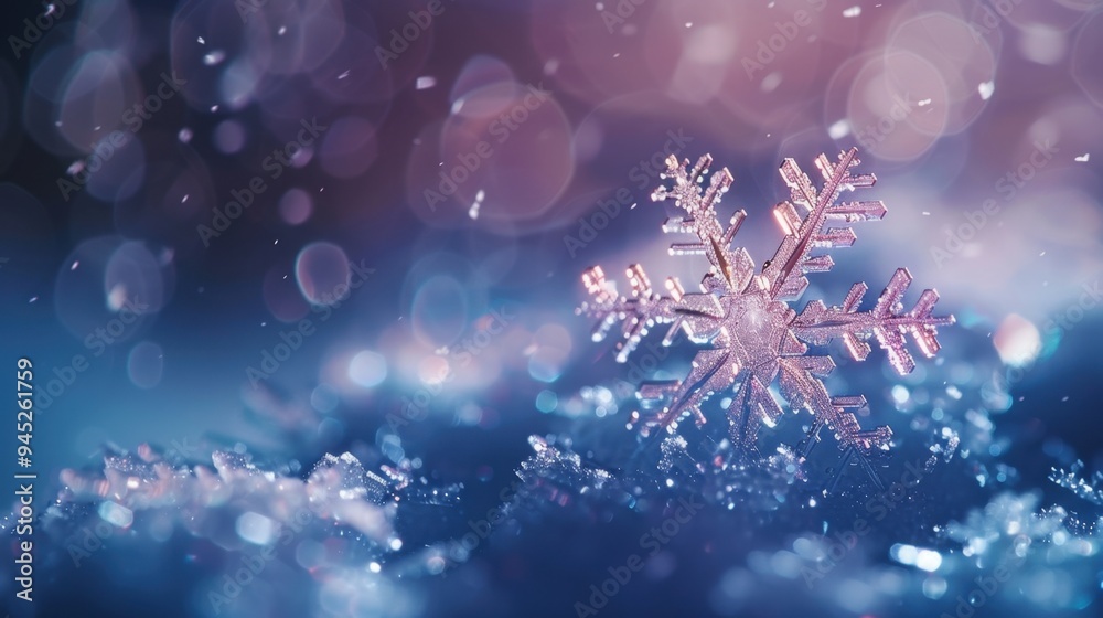 Macro shot of a snowflake, shimmering background, soft focus, delicate and beautiful. Macro shot of a snowflake, shimmering background, soft focus, delicate and beautiful.