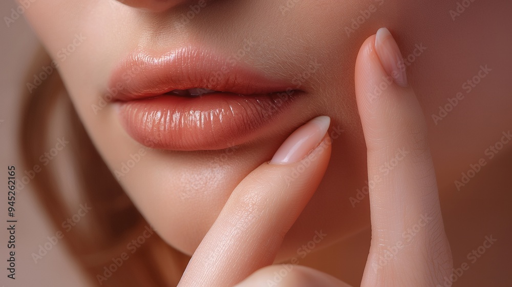 Fototapeta premium Close-up of a woman's lips and fingers, highlighting beauty and skincare.