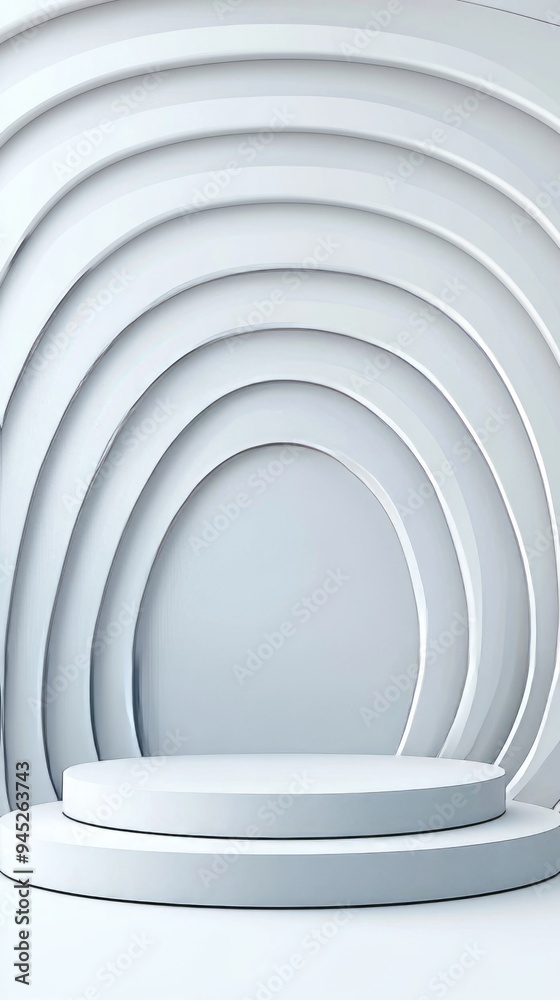 Fototapeta premium Abstract white background with layered arches and a circular podium, perfect for modern presentations or product displays.