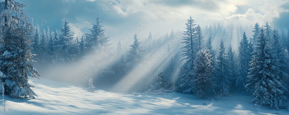 Nighty winter forest background. Snow, fog, moonlight. Neon figure at center. Nighty winter forest background. Snow, fog, moonlight. Neon figure at center.