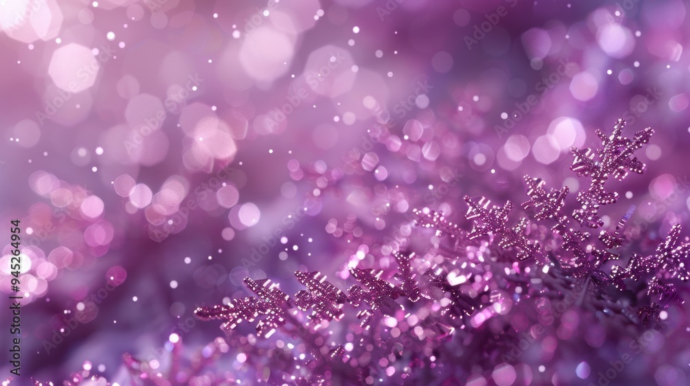 Obraz premium Snowflake array, glittering purple background, soft focus, enchanting and elegant.