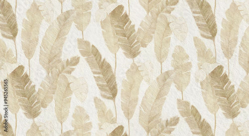 Fototapeta Naklejka Na Ścianę i Meble -  A beige-toned pattern of large banana leaves arranged in a repeating design on a textured white background