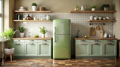 3. Retro-style pistachio green refrigerator standing out in a vintage-inspired kitchen, a realistic photo image. photo