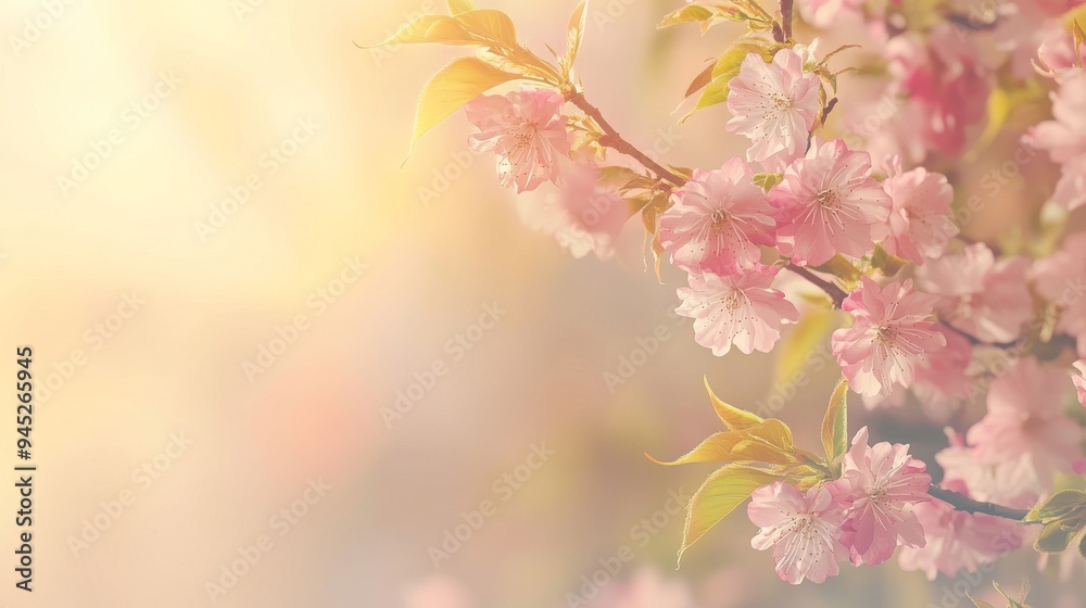 Mother's Day background with pink cherry blossom flowers blooming in spring Easter sunrise.