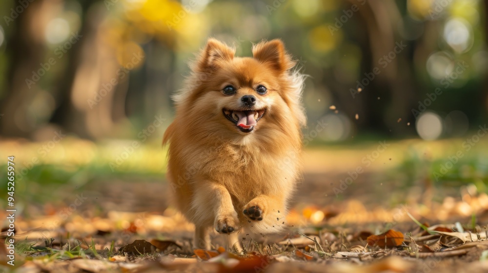 Fototapeta premium Playful Pomeranian Running in Autumn Forest