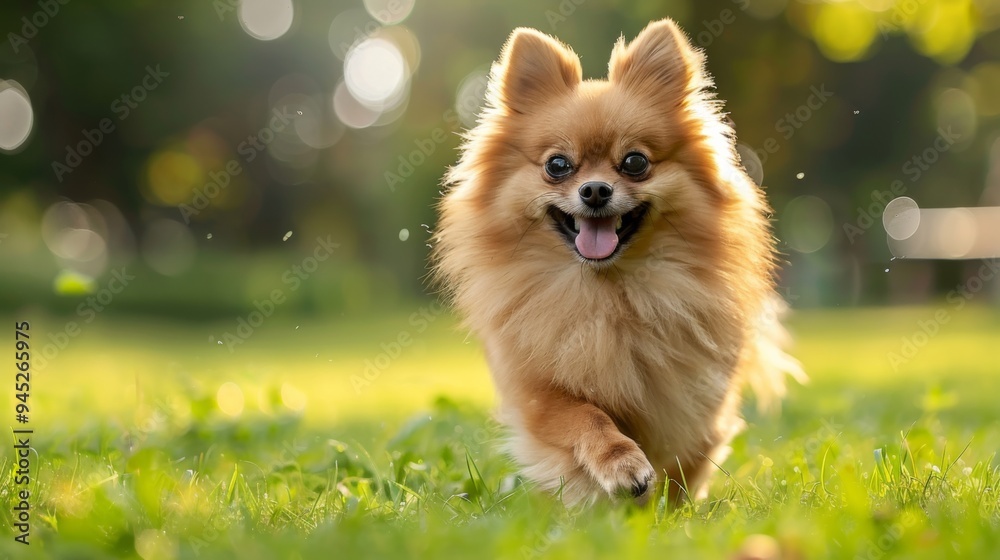 Cute Pomeranian Running in Park Cute Pomeranian Running in Park