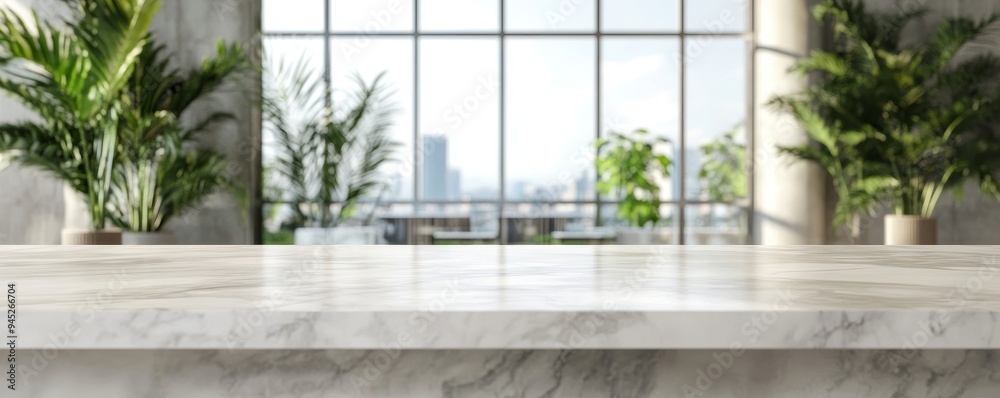 Abstract background with an empty white marble stone table top and blur glass window inside a lobby or hallway. Abstract background with an empty white marble stone table top and blur glass window inside a lobby or hallway.