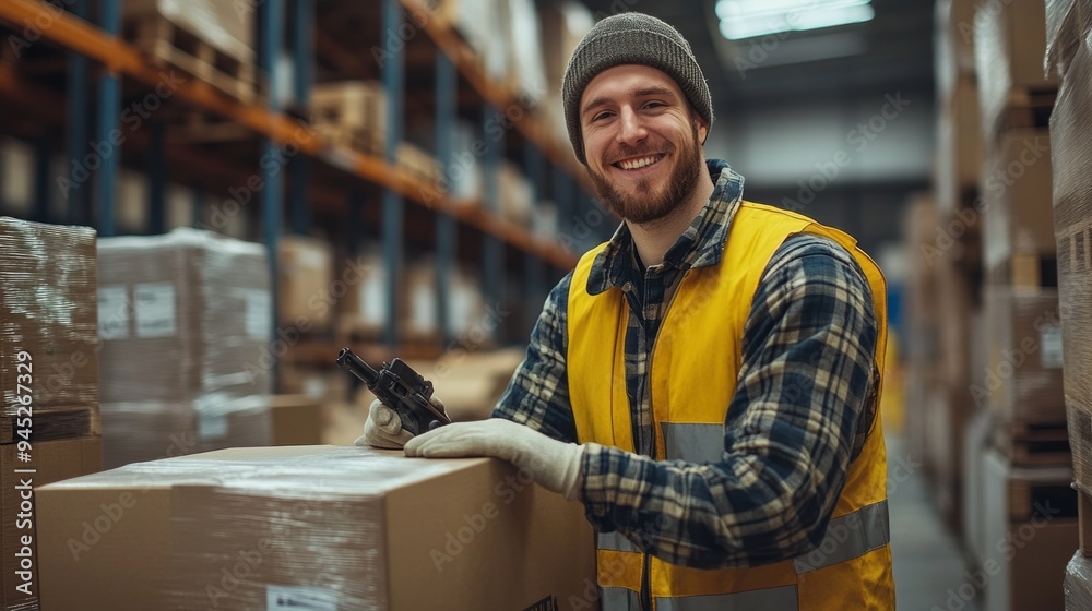 A man in a yellow vest is smiling and holding a box A man in a yellow vest is smiling and holding a box
