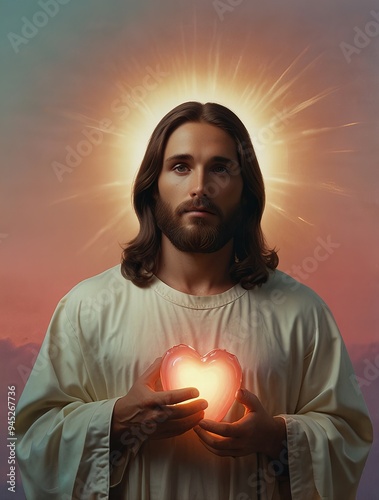 Jesus Holding Heart in Hands art. As a Symbol of Love and Compassion. Spiritual Religious Representation of Devotion. new stock image illustration AI	 photo