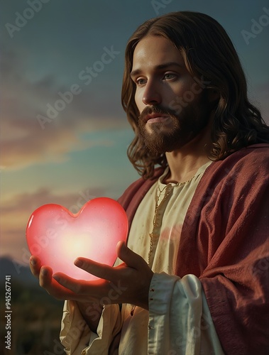 Jesus Holding Heart in Hands art. As a Symbol of Love and Compassion. Spiritual Religious Representation of Devotion. new stock image illustration AI	 photo