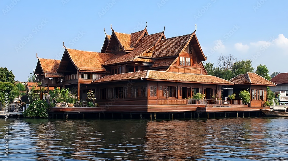 Fototapeta premium A traditional Thai wooden house sits on stilts over a calm river, with lush greenery and a clear blue sky.