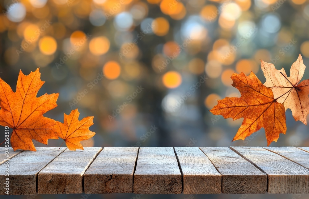Obraz premium For Thanksgiving and other seasonal messages, there is a golden brown autumn background of leaves and copyspace on the top of a wooden table display.