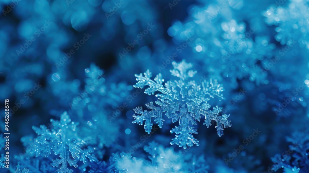 Snowflake pattern, twinkling blue background, soft focus, cool and serene. Snowflake pattern, twinkling blue background, soft focus, cool and serene.