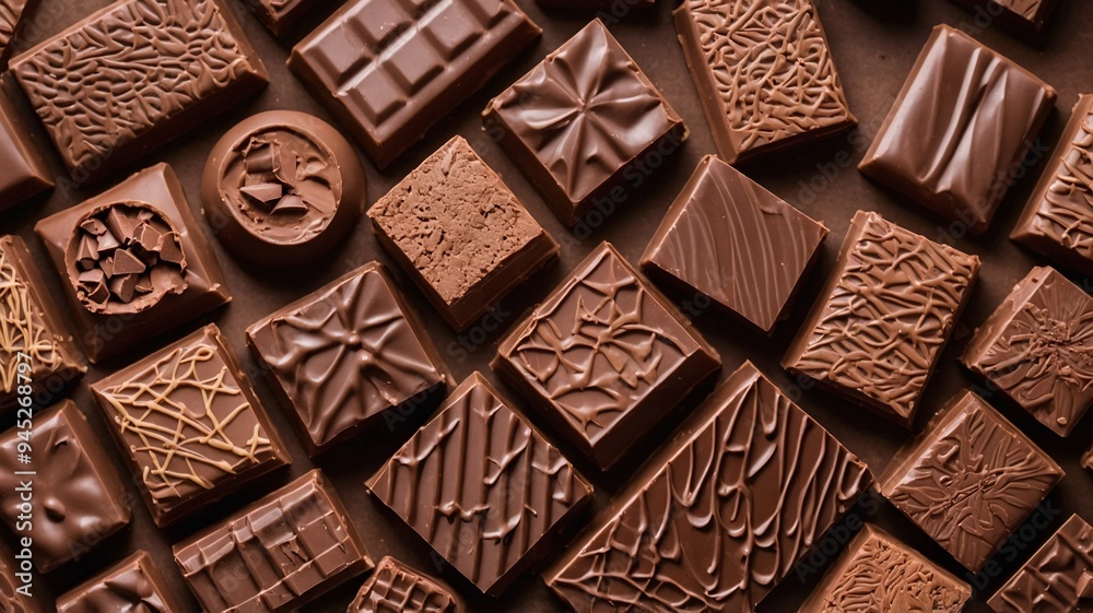 Assorted rectangular chocolate pieces with various intricate designs arranged in a grid pattern on a flat surface.