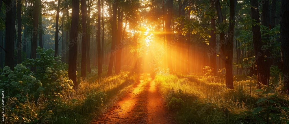 Fototapeta premium Enchanting Sunset Glow on Forest Pathway - Serene Nature Landscape with Sunbeam Filtering Through Trees