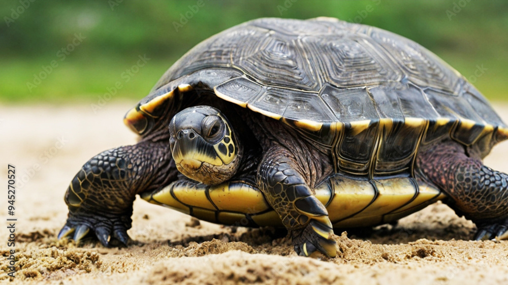 Close-up of a turtle walking on sandy ground with a blurred green background Close-up of a turtle walking on sandy ground with a blurred green background