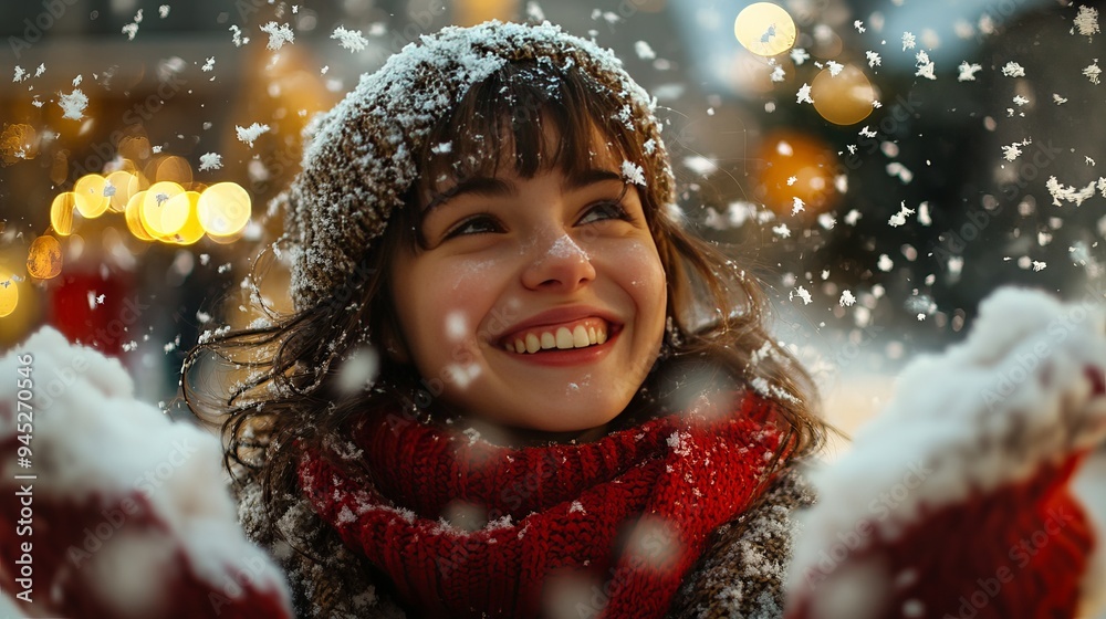 Cheerful girl enjoying snowfall in a festive winter setting at dusk Cheerful girl enjoying snowfall in a festive winter setting at dusk