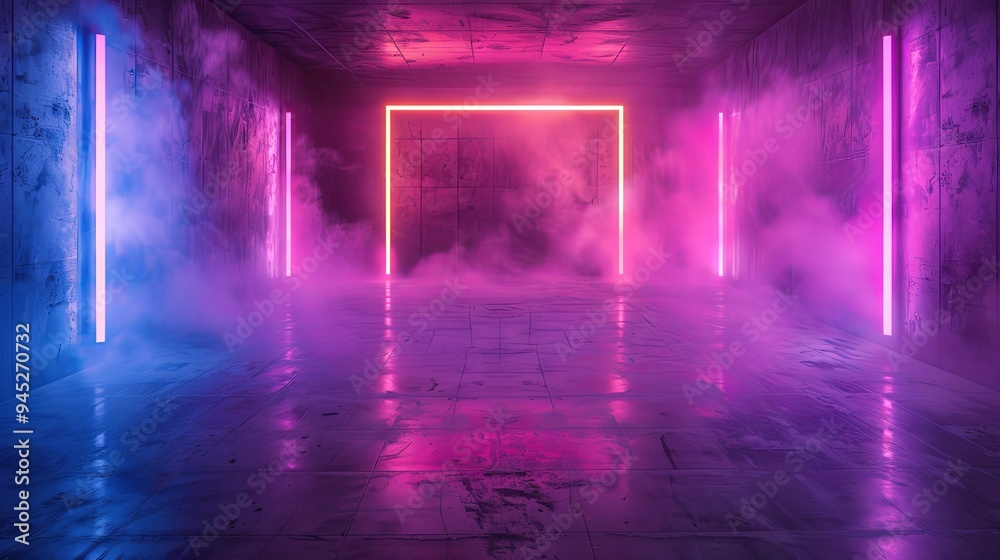 A dim room with empty walls illuminated by neon light, creating a smoky, glowing ambiance with copy space image A dim room with empty walls illuminated by neon light, creating a smoky, glowing ambiance with copy space image