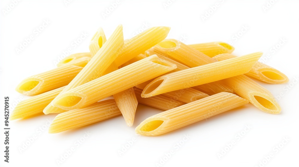 A pile of uncooked penne pasta on a white background, ready for cooking. A pile of uncooked penne pasta on a white background, ready for cooking.