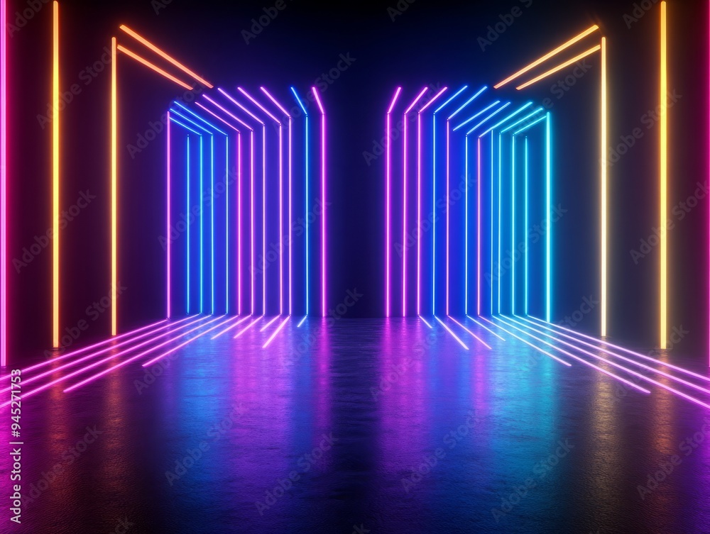 Vibrant neon lights create a futuristic corridor, showcasing colorful reflections on a polished surface, ideal for modern designs. Vibrant neon lights create a futuristic corridor, showcasing colorful reflections on a polished surface, ideal for modern designs.