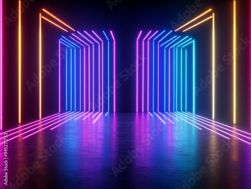 Vibrant neon lights create a futuristic corridor, showcasing colorful reflections on a polished surface, ideal for modern designs.