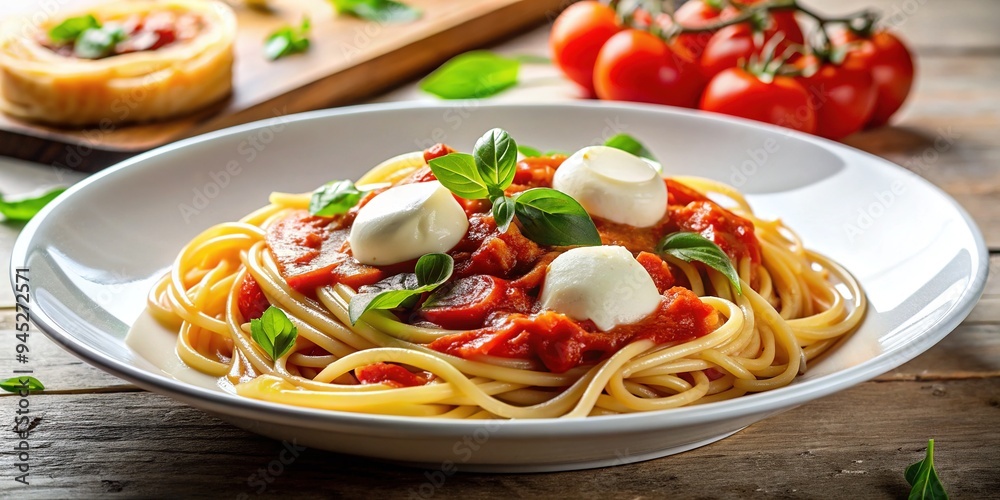 Delicious Italian pasta dish featuring tender linguine, rich tomato sauce, and melted mozzarella cheese, artfully arranged on a crisp white ceramic plate. Delicious Italian pasta dish featuring tender linguine, rich tomato sauce, and melted mozzarella cheese, artfully arranged on a crisp white ceramic plate.