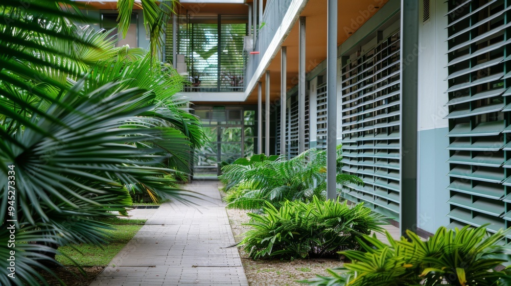 Modern Building Corridor with Greenery Modern Building Corridor with Greenery