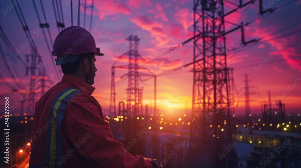 Obraz premium Electrical Engineer Inspecting Substation at Sunset
