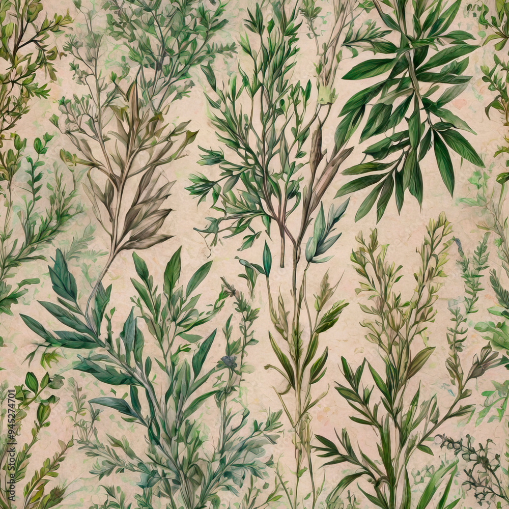 Obraz premium A delicate and expressive masterpiece, a rough colored pencil sketch of a seamless repeating pattern, with illustrations of plants and leaves
