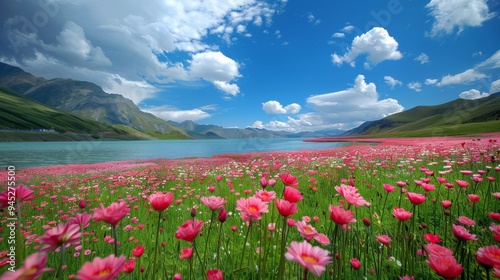 Beautiful Mountain Lake with Wildflowers