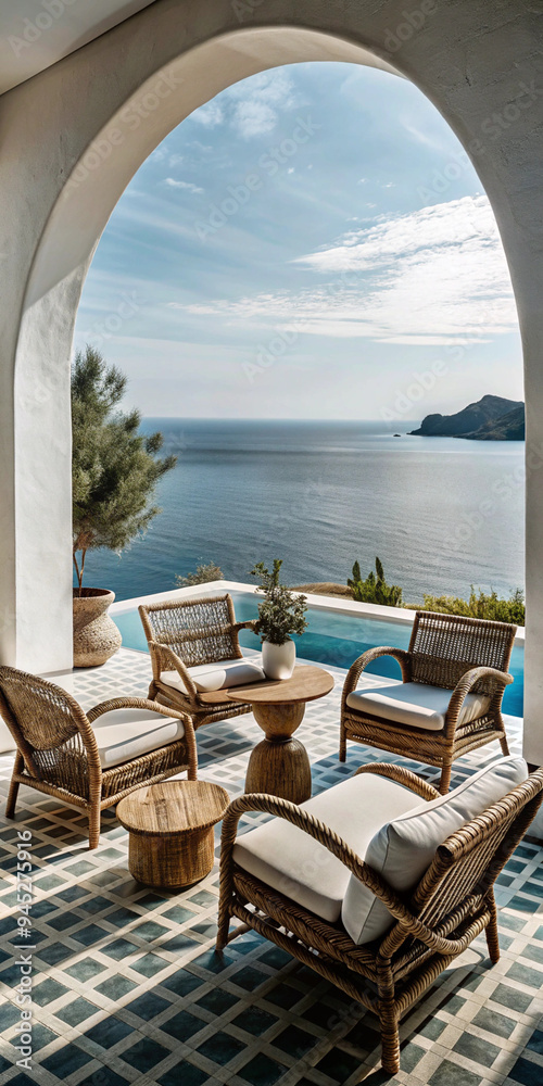 Fototapeta premium Beautiful terrace with rattan chairs under an arch, overlooking a stunning sea view. The perfect place to enjoy the sunrise with a peaceful and relaxing ambiance