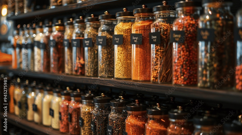 Glass Jars Filled with Spices on Wooden Shelf Glass Jars Filled with Spices on Wooden Shelf