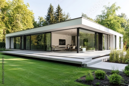 Modern house with large glass windows surrounded by greenery and a patio.