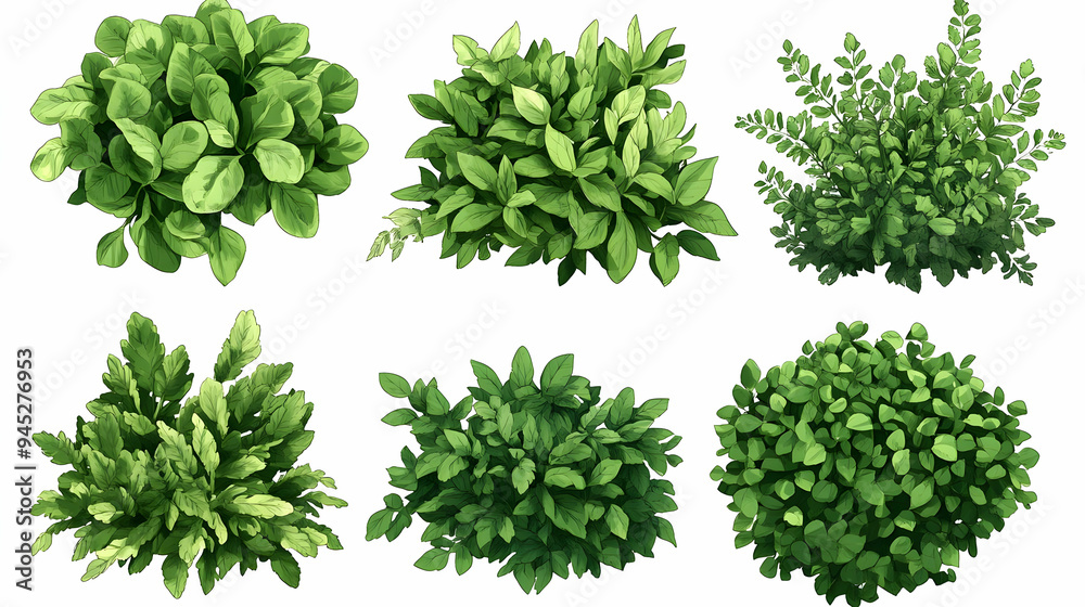 Green Bush Collection Top View Isolated on White Green Bush Collection Top View Isolated on White