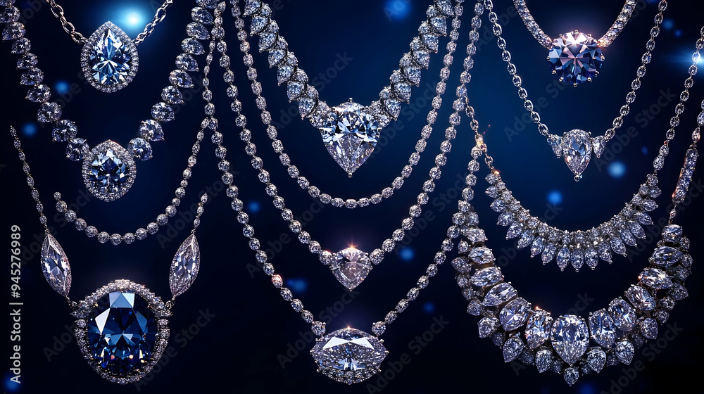 Luxury Diamond Necklaces on Blue Background Luxury Diamond Necklaces on Blue Background