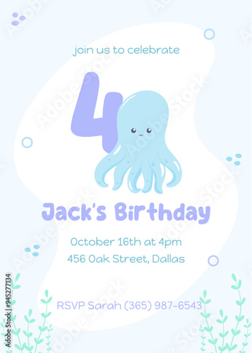 Ocean adventure fourth birthday party card. Sweet under-the-sea invitation featuring a happy blue octopus in pastel blue and purple.