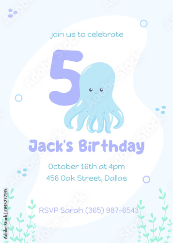 Underwater-themed fifth birthday invite. Cute kids' party card with a smiling blue octopus in soft marine hues.