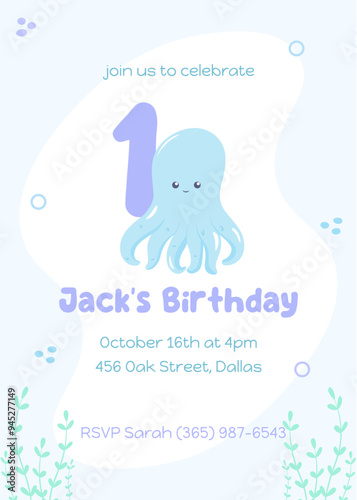 Sea creatures first birthday invitation for kids. Playful marine life card with a happy blue octopus in a flat design. Marine life postcard children