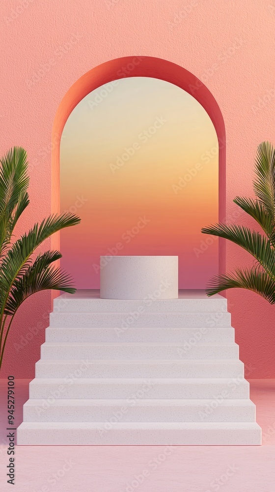 A serene geometric backdrop featuring steps, a circular arch, and tropical plants, perfect for modern design or product display. A serene geometric backdrop featuring steps, a circular arch, and tropical plants, perfect for modern design or product display.