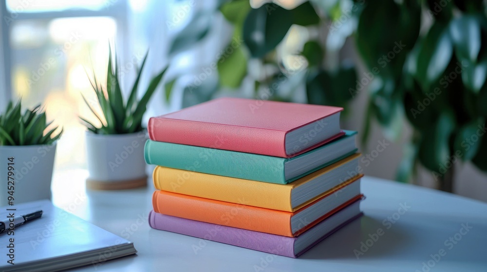 Stack of Colorful Hardcover Books on a White Table Stack of Colorful Hardcover Books on a White Table