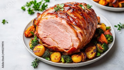 Juicy honeyglazed ham with caramelized edges, served with roasted vegetables, festive and hearty photo